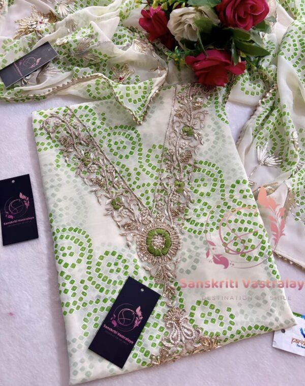 Georgette Bandhani Suit with Zardozi Handwork In white And Green - Image 2