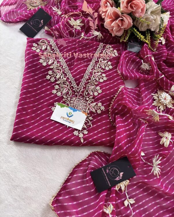 Georgette Mothada Suit with Zardozi Handwork In Magenta - Image 3