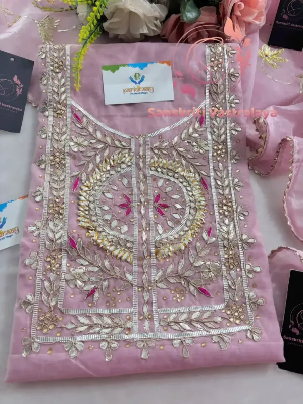Chanderi Fabric Kurta with Zardozi and Gota Patti Handwork In Pink - Image 2