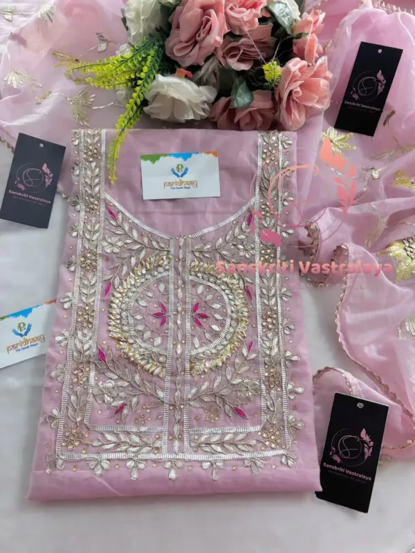 Chanderi Fabric Kurta with Zardozi and Gota Patti Handwork In Pink - Image 3