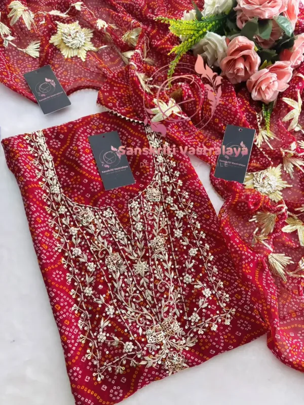 Georgette Fabric Kurta with Zardozi Handwork In Red - Image 2