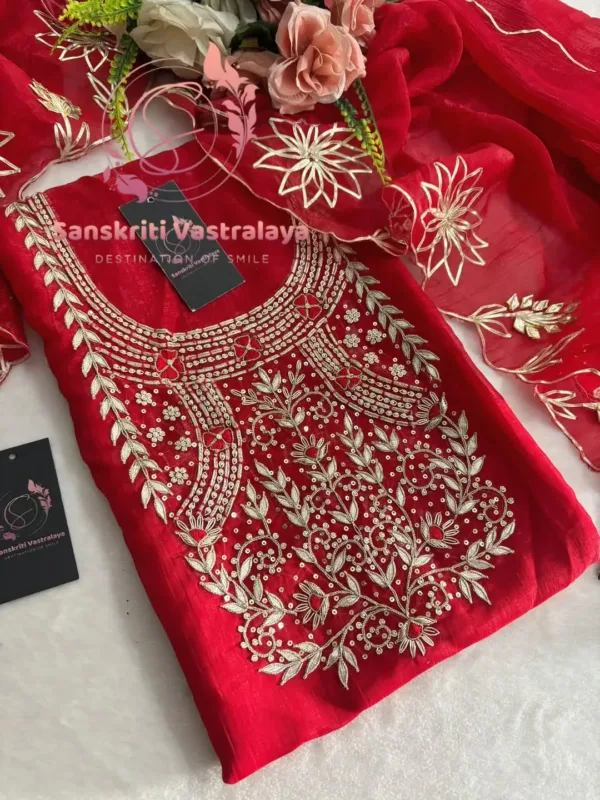 Crunchy Silk Fabric Kurta with Zardozi Handwork In Red - Image 3