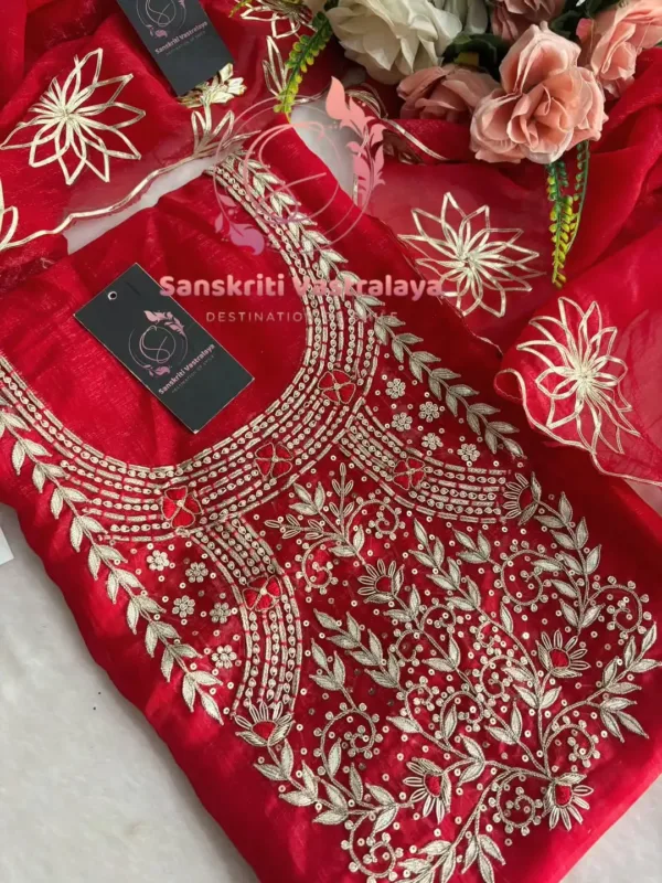 Crunchy Silk Fabric Kurta with Zardozi Handwork In Red - Image 2