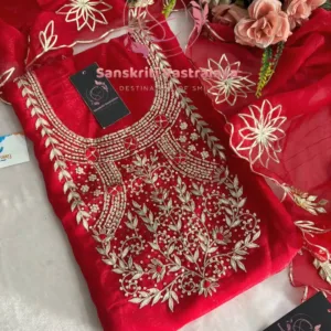 Crunchy Silk Fabric Kurta with Zardozi Handwork In Red