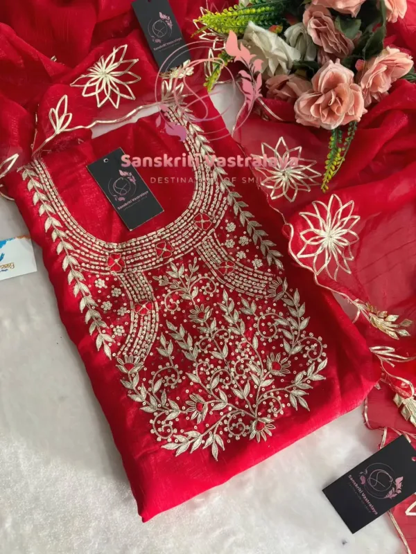 Crunchy Silk Fabric Kurta with Zardozi Handwork In Red