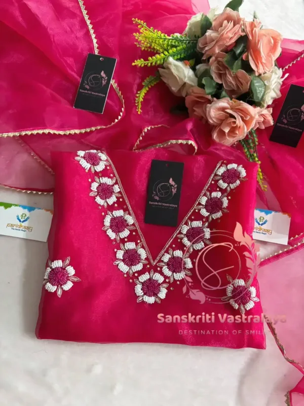 Tissue Organza Fabric Kurta with Pearl Handwork in Red