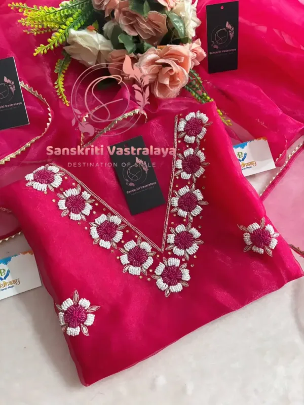 Tissue Organza Fabric Kurta with Pearl Handwork in Red - Image 3