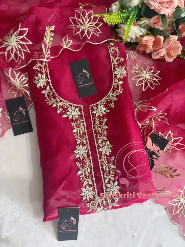 Tissue Organza Fabric Kurta with Zardozi Handwork in Red - Image 3