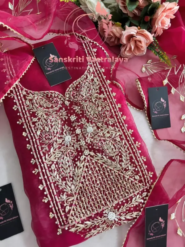 Tissue Organza Fabric Kurta with Zardozi Handwork In Red - Image 3