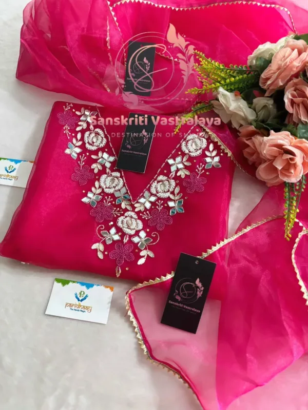 Tissue Organza Fabric Kurta with Zardozi Handwork - Image 2