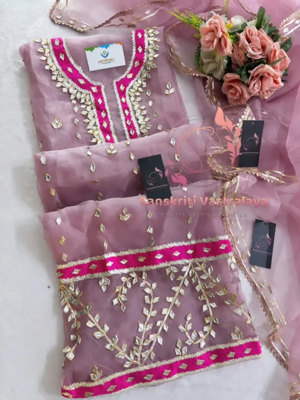Tissue Organza Fabric Kurta with Zardozi Handwork - Image 2