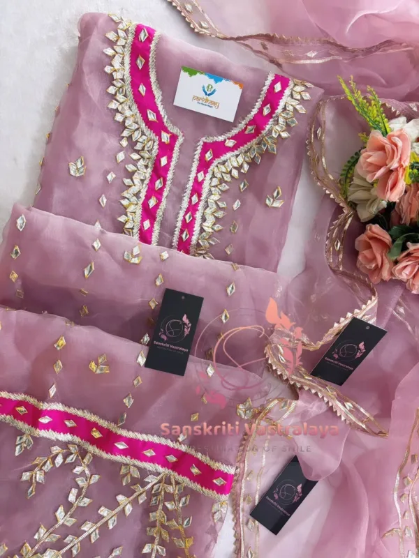 Tissue Organza Fabric Kurta with Zardozi Handwork - Image 3
