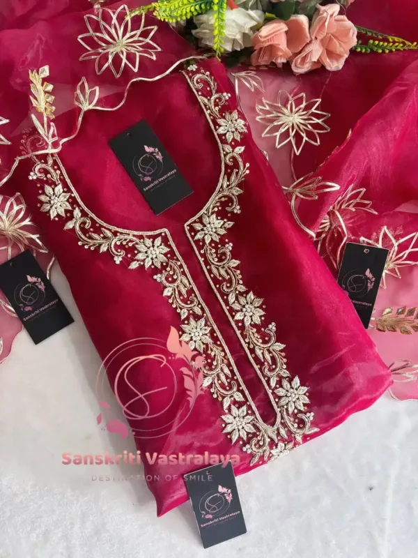 Tissue Organza Fabric Kurta with Zardozi Handwork in Red