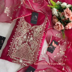 Tissue Organza Fabric Kurta with Zardozi Handwork In Red