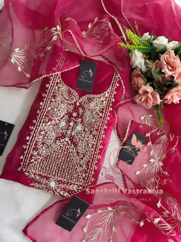Tissue Organza Fabric Kurta with Zardozi Handwork In Red