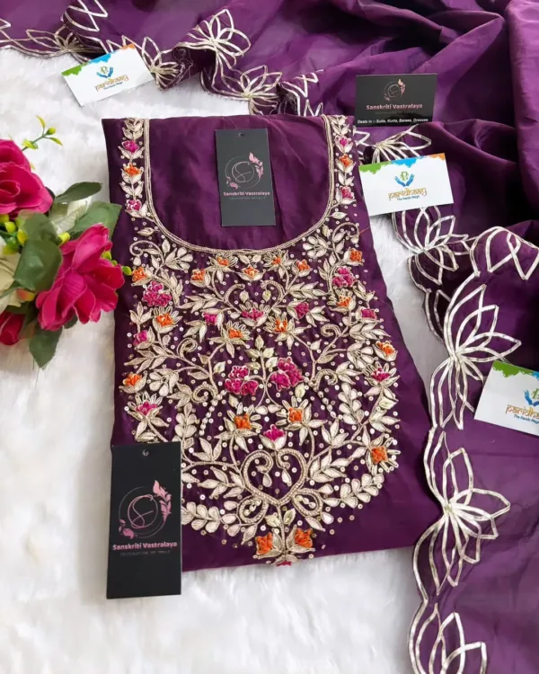 heavy rich chanderi fabric kurta with zardoshi handwork - Image 3