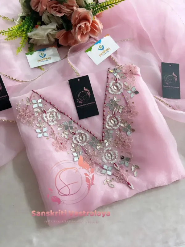 Tissue organza fabric kurta with pearl mirror handwork