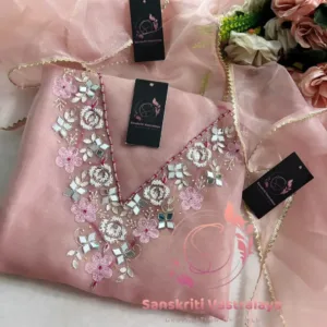 Tissue organza fabric kurta with pearl mirror handwork