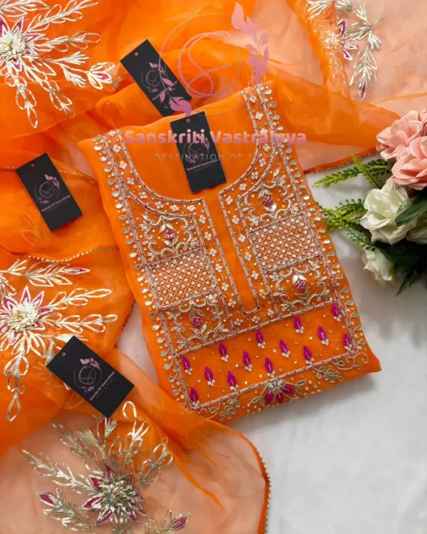 Organza fabric kurta with zardoshi handwork