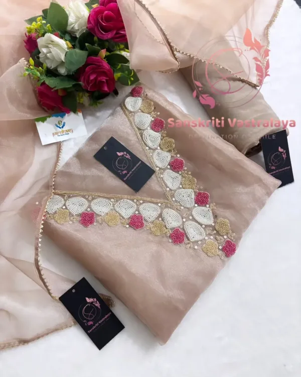 Organza fabric kurta with pearl handwork
