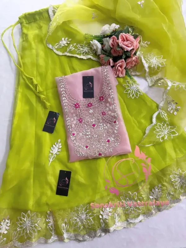 Tissue organza fabric kurta with zardozi handwork