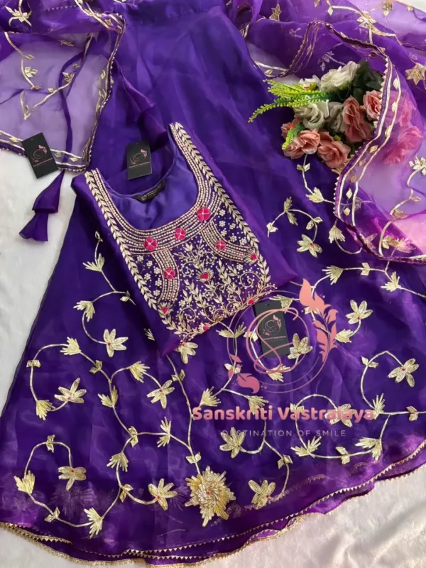 Tissue organza fabric kurta with zardozi handwork