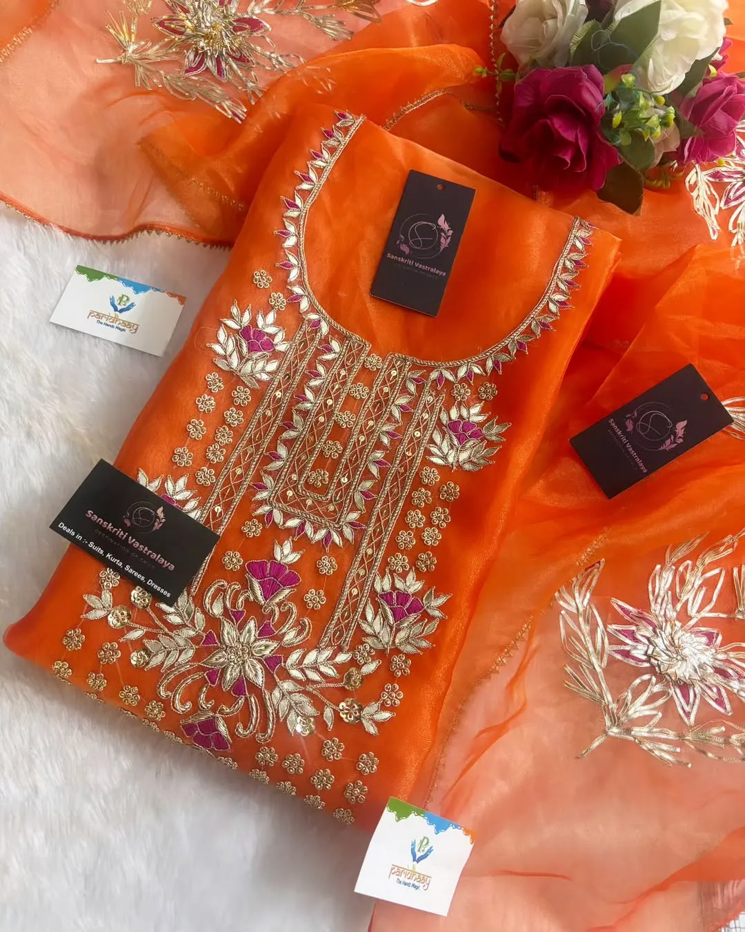 heavy rich organza fabric kurta with zardoshi handwork