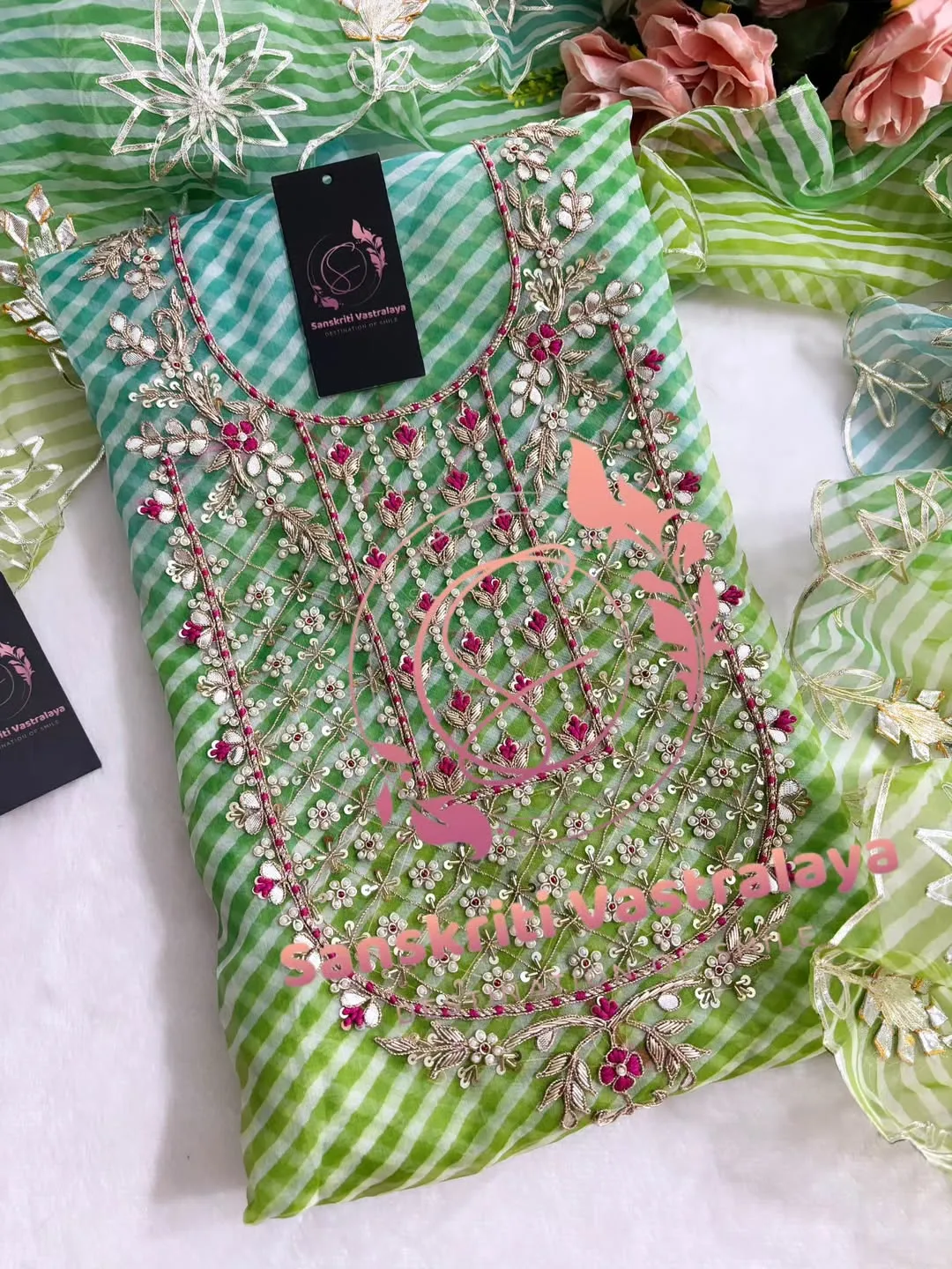 Viscose organza fabric kurta with zardozi handwork - Image 3