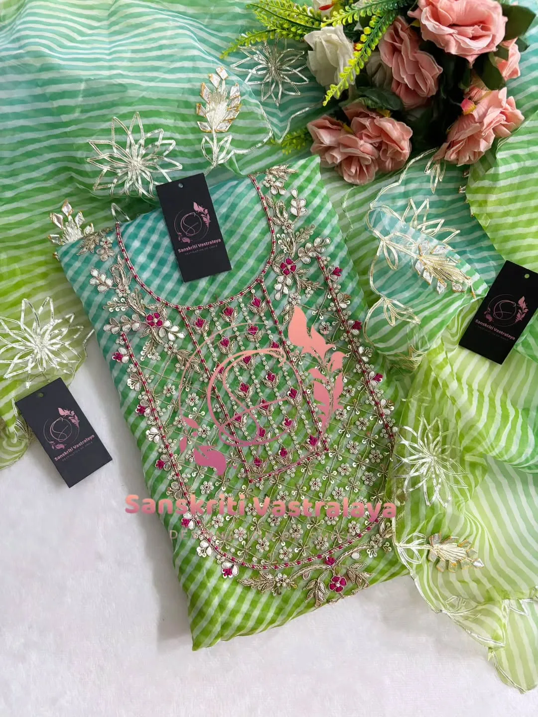 Viscose organza fabric kurta with zardozi handwork