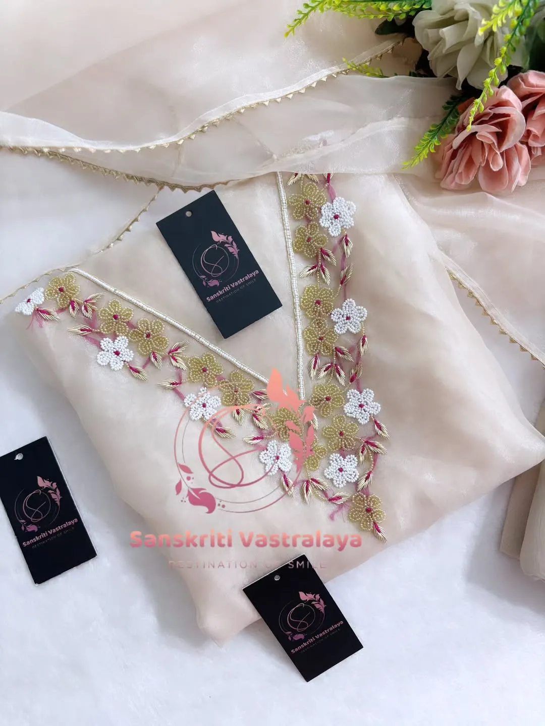 Tissue organza fabric kurta with pearl handwork - Image 3