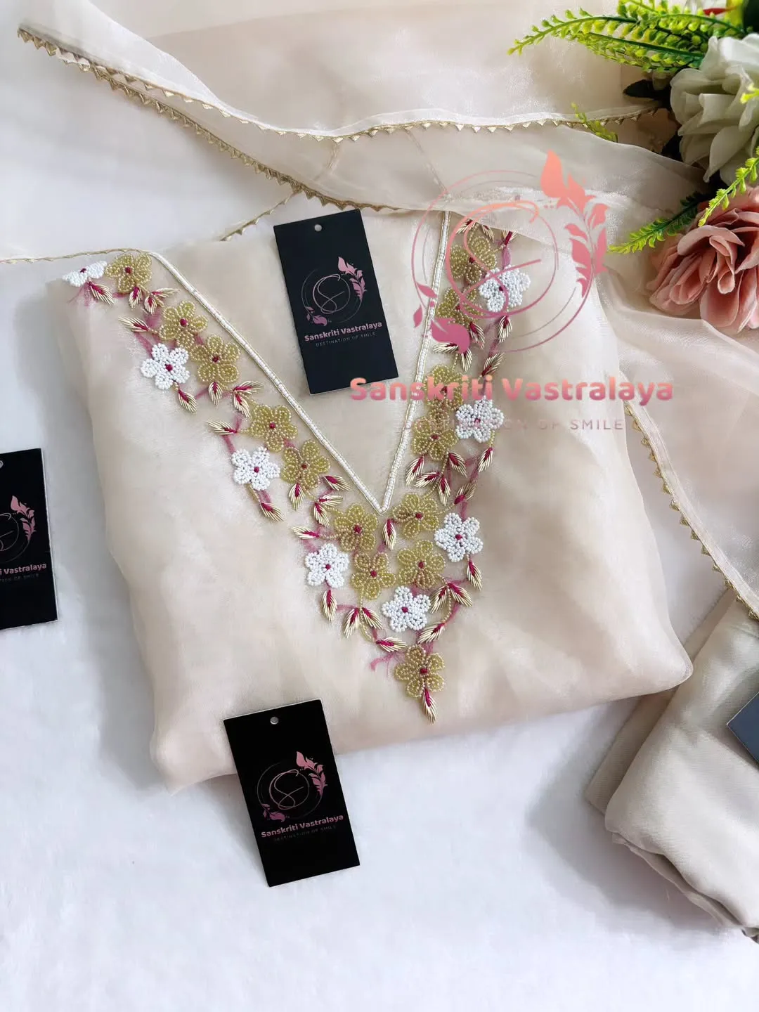 Tissue organza fabric kurta with pearl handwork - Image 2