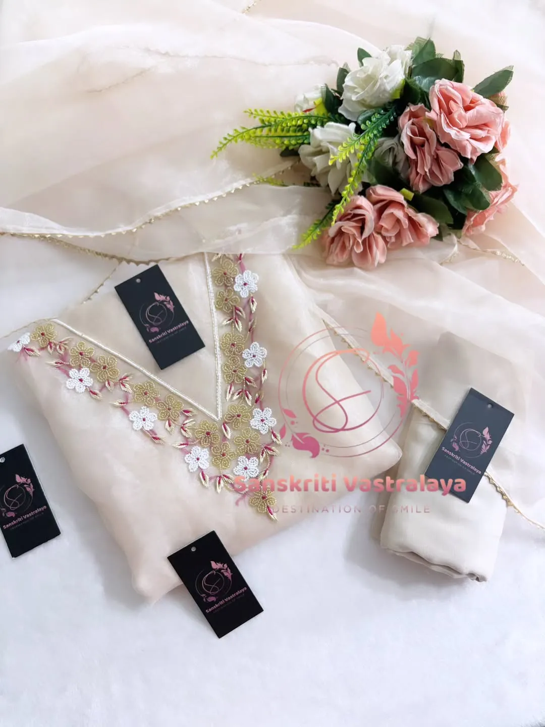 Tissue organza fabric kurta with pearl handwork