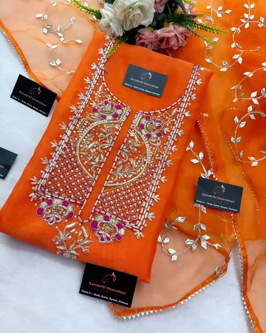 heavy rich organza fabric kurta with zardozi handwork