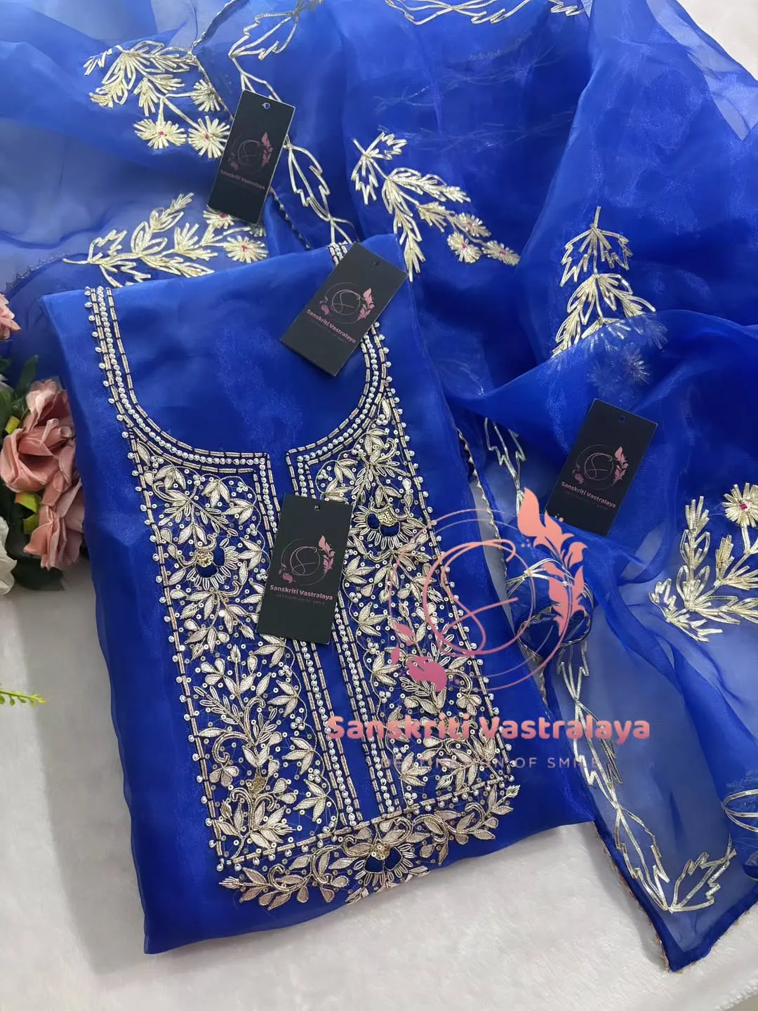 Tissue organza fabric kurta with zardogi handwork