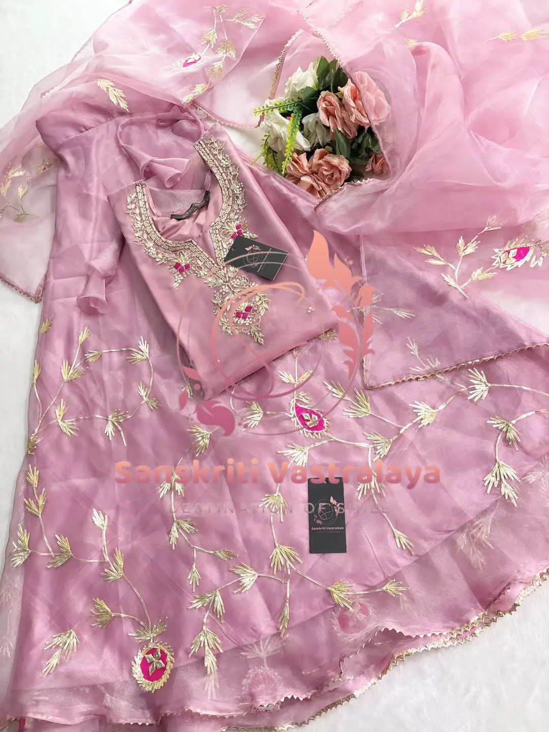 Tissue organza fabric kurta with zardozi handwork