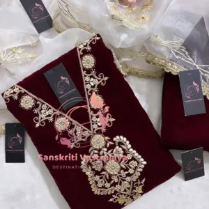 Velvet fabric kurta with zardogi handwork