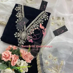 Velvet fabric kurta with zardogi handwork in Blue