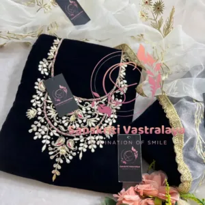 Velvet fabric kurta with zardogi handwork in Dark Blue