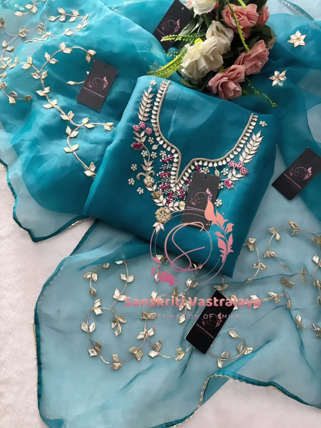 Tissue organza fabric kurta with zardogi handwork