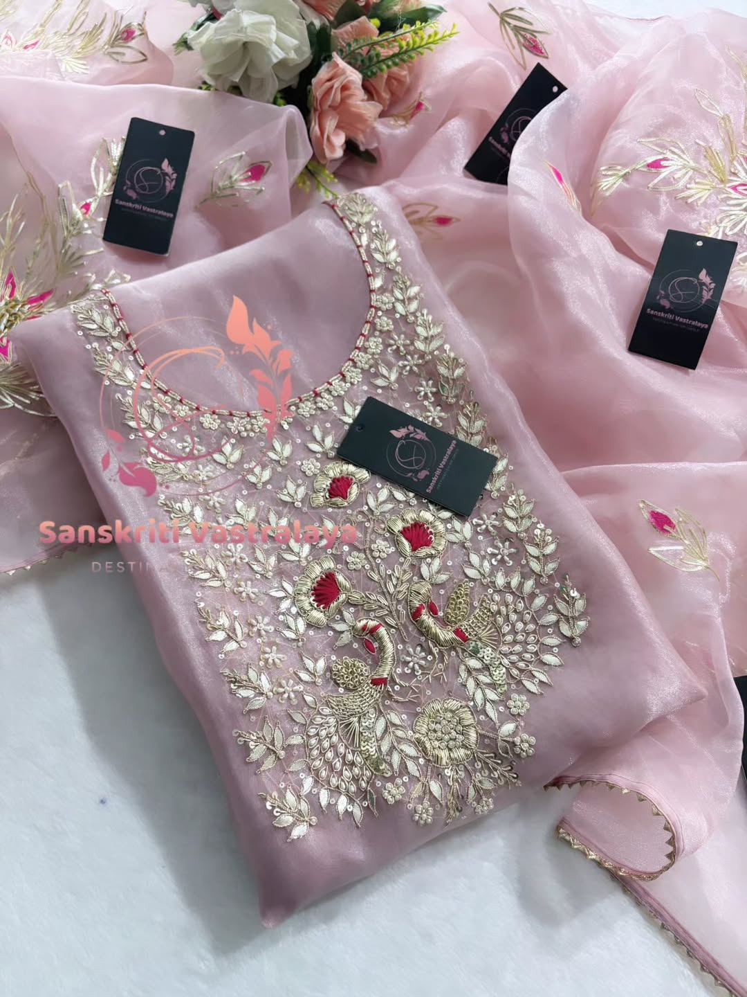 Organza fabric kurta with zardogi handwork