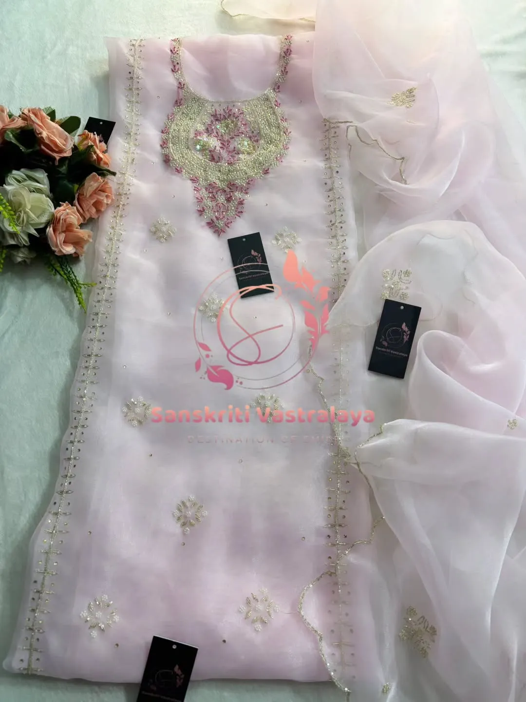 Tissue organza fabric kurta with zardogi handwork