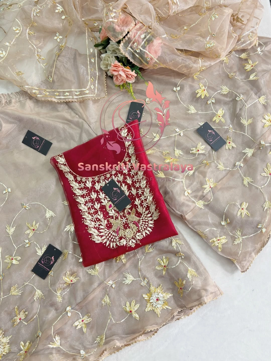 Tissue organza fabric kurta with zardogi handwork