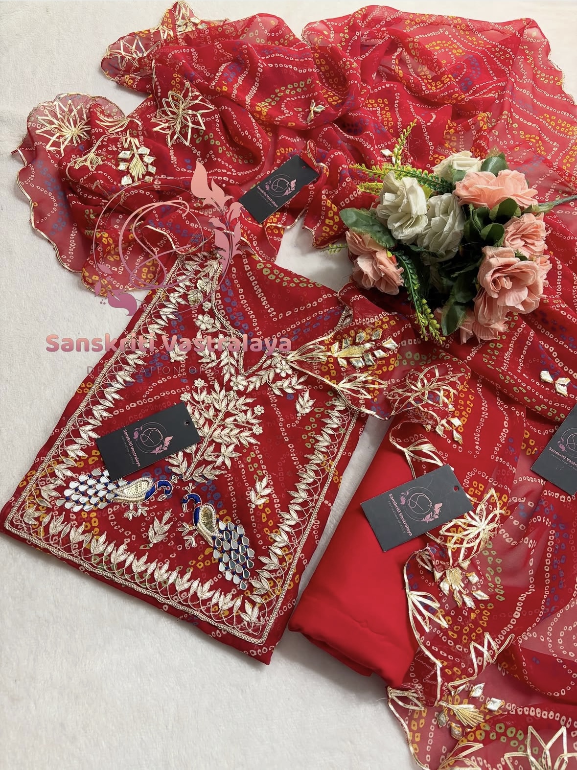 Georgette Bandhani Suit with Zardozi Handwork In Traditional Red colour - Image 3