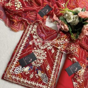 Georgette Bandhani Suit with Zardozi Handwork In Traditional Red colour