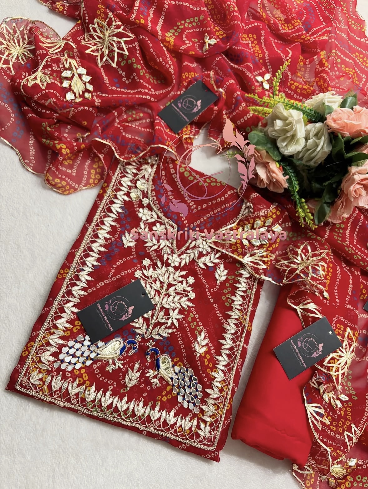 Georgette Bandhani Suit with Zardozi Handwork In Traditional Red colour