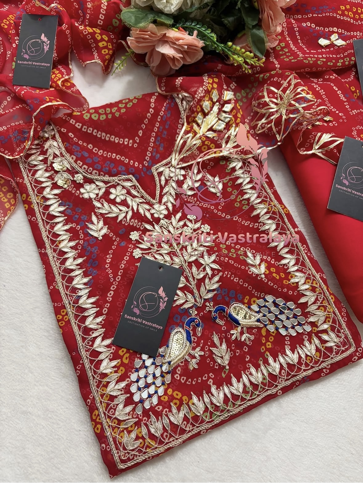 Georgette Bandhani Suit with Zardozi Handwork In Traditional Red colour - Image 2