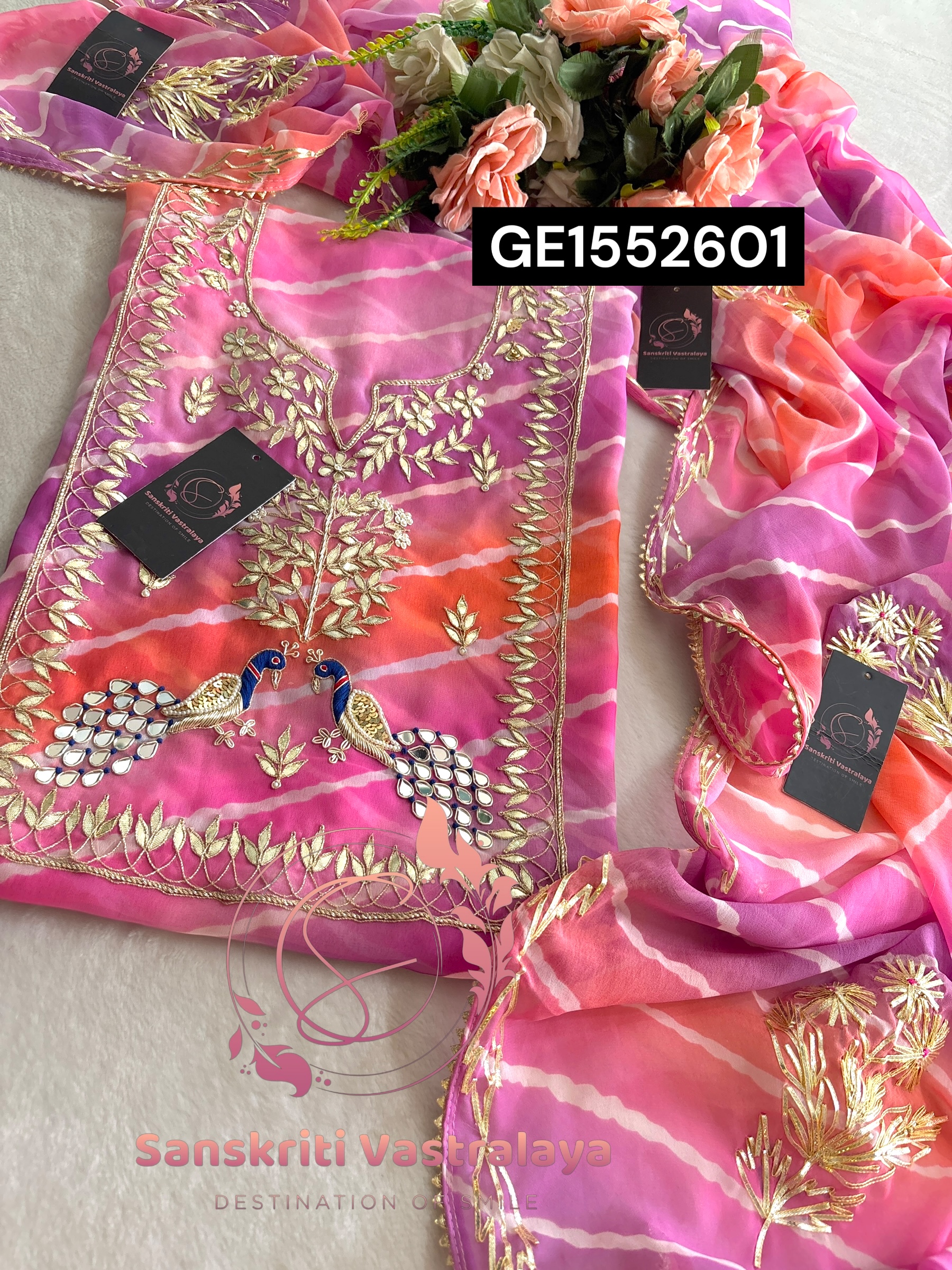 MULTI GEORGETTE LAHRIYA SUIT WITH ZARDOGI HANDWORK GOTA PATTI