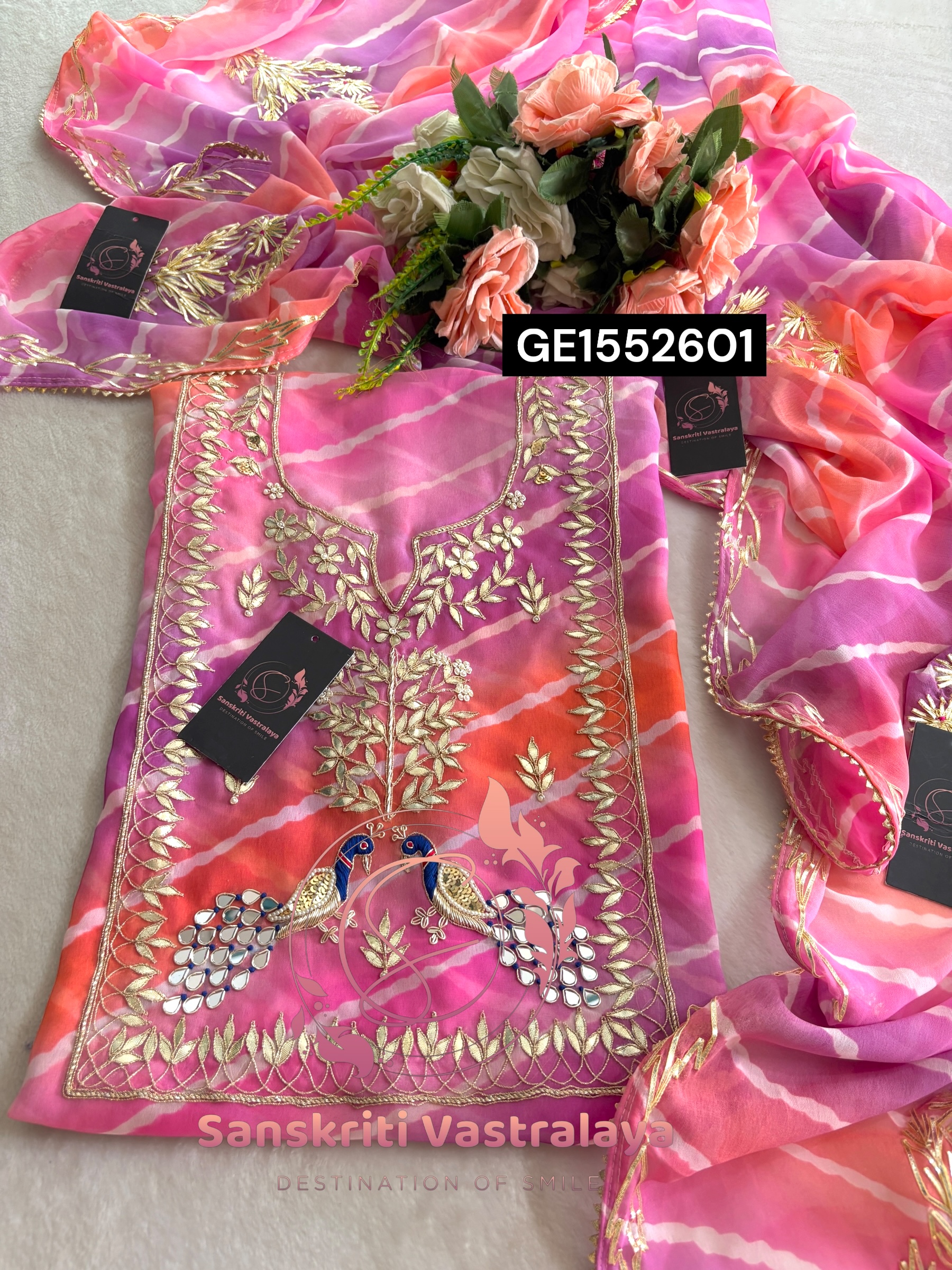 MULTI GEORGETTE LAHRIYA SUIT WITH ZARDOGI HANDWORK GOTA PATTI - Image 2