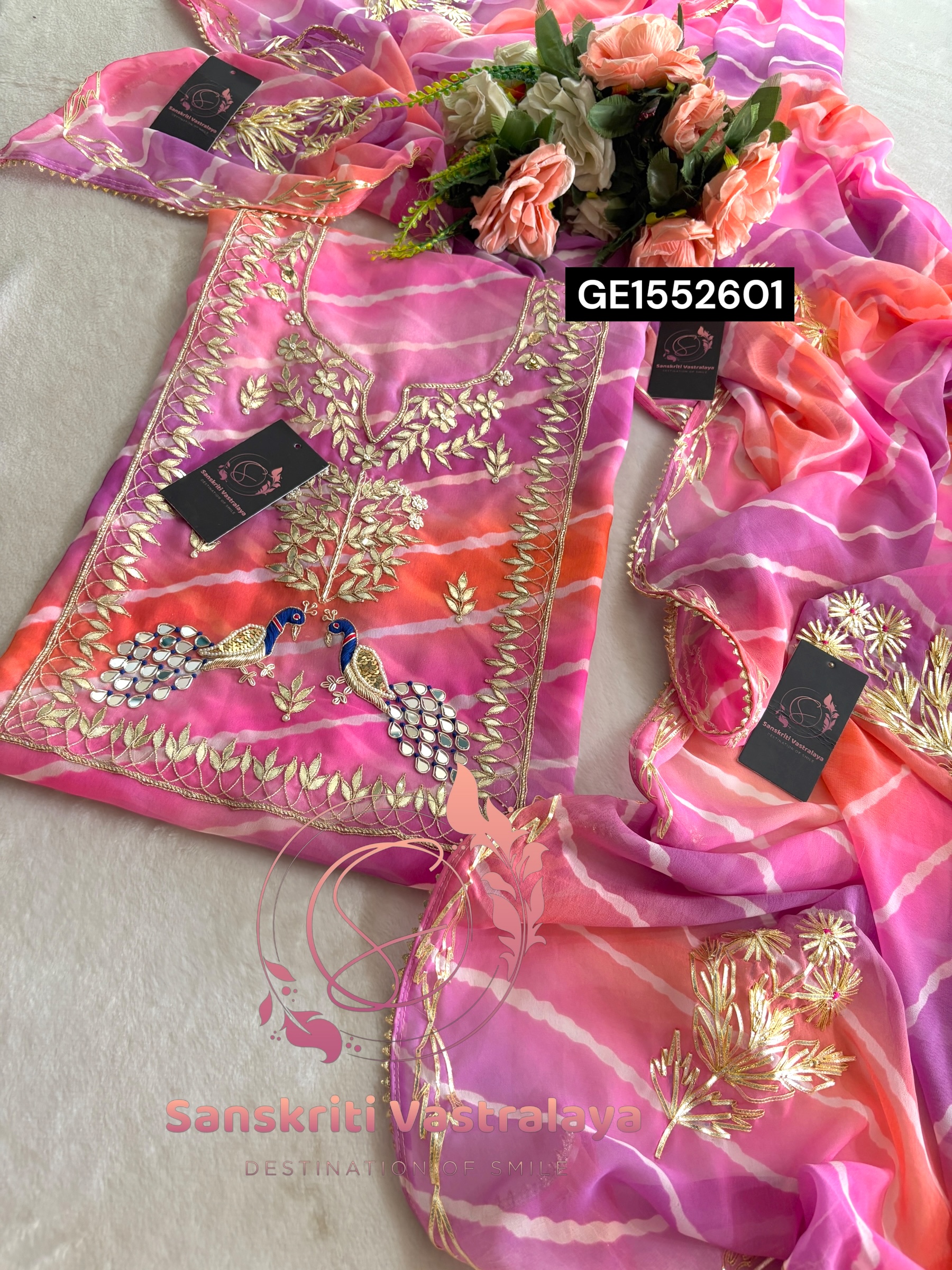 MULTI GEORGETTE LAHRIYA SUIT WITH ZARDOGI HANDWORK GOTA PATTI - Image 3