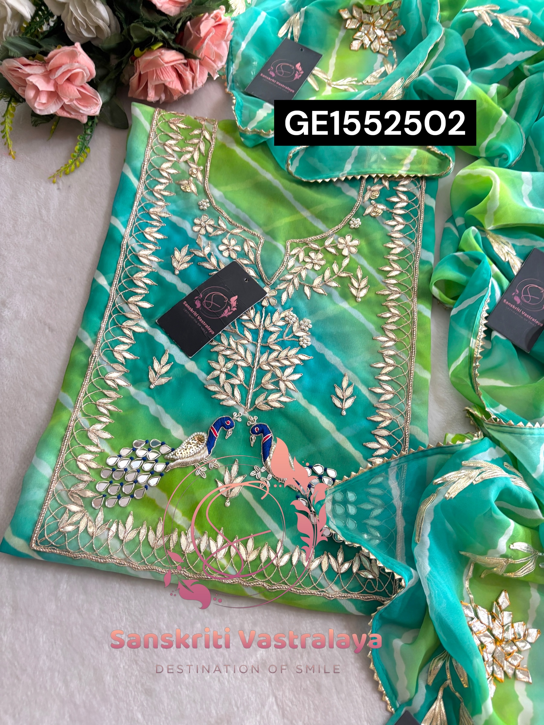 MULTI GEORGETTE LAHRIYA SUIT WITH ZARDOGI HANDWORK GOTA PATTI